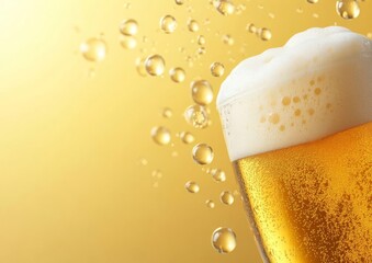 Golden Ale with Fresh Beer Foam Bubbling and Settling in a Clear Glass on a Wooden Table