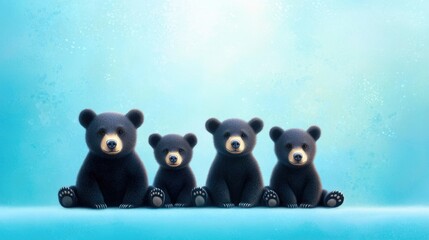 Four adorable bear cubs sit side by side against a soft blue background, embodying cuteness and innocence.