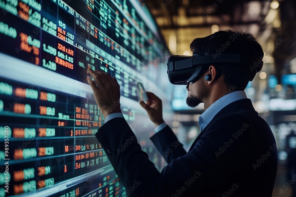 Poster man wearing virtual reality headset analyzes financial data on a digital screen in a modern office e