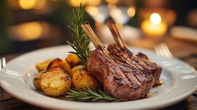 Close up of grilled lamb chops with roasted potatoes and rosemary on a white plate.