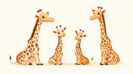 Obraz premium Four cute cartoon giraffes of varying sizes, showcasing a family theme, stand on a light background, embodying playful charm and whimsy.