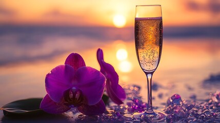 Serene Luxury: Purple Orchid and Champagne Glass at Sunset Beach