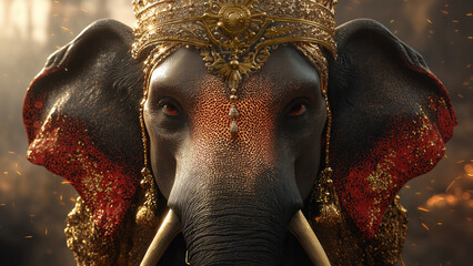 Indian decorated elephant. Gold jewelry. Celebrating religious traditional holidays in India. Onam. Holi.