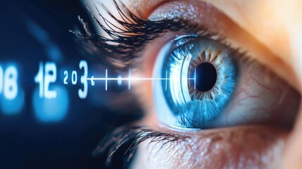 An intense close-up of a human eye with digital elements, including numerical data and a measurement scale, suggesting themes of vision, technology, and insight.