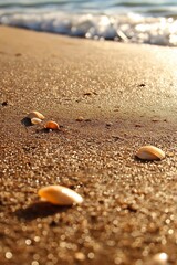 Shells scattered on a sandy beach with gentle waves in the background, capturing a peaceful and tranquil seashore moment.
