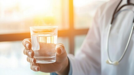 A medical professional holds a glass of water, symbolizing health, hydration, and wellness in a sunlit environment.