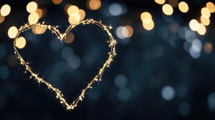 A glowing golden heart crafted from luminous particles and lines illuminates love's essence amidst enchanting bokeh lights at night