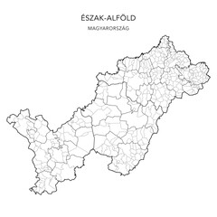 Fototapeta premium Administrative Map of the Northern Great Plain Region (Észak-Alföld) with Counties (Vármegyék), Districts (Járások) and Municipalities (Télépülések) as of 2024 - Hungary - Vector Map