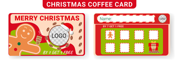 Christmas loyalty card for cafe visitor. Holiday promotion сoffee coupon. Vector illustration