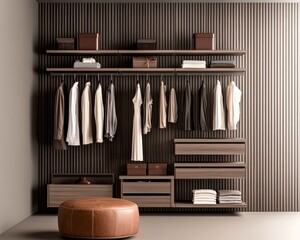 Luxurious Modern Closet with Minimalist Design in Sophisticated Neutral Tones, Contemporary Interior Aesthetic