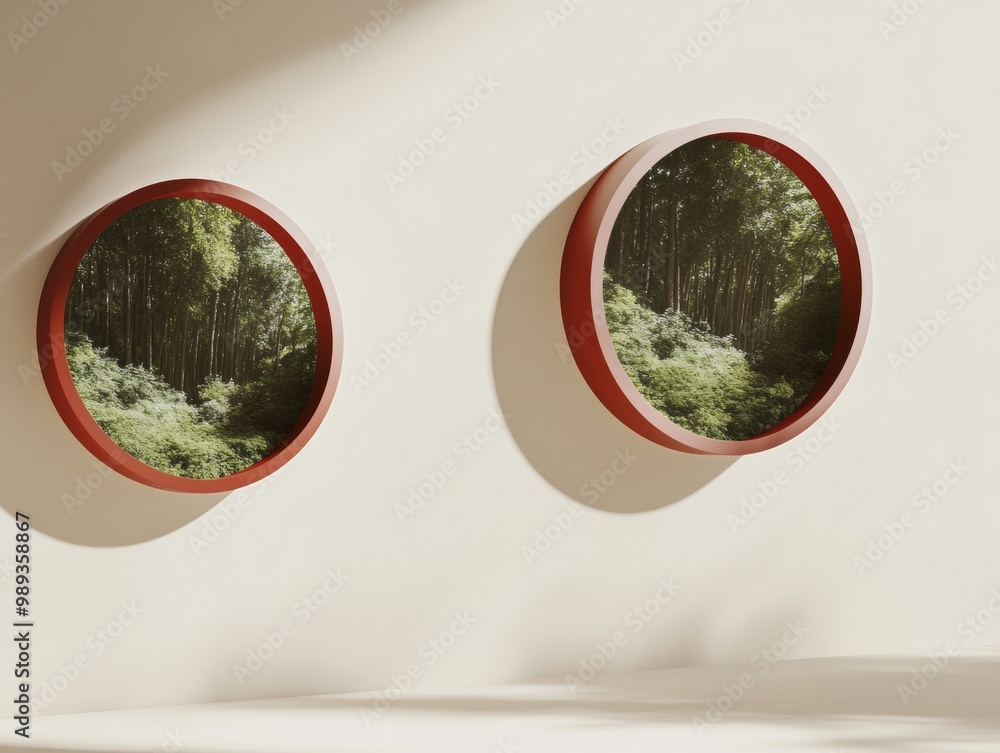 Poster contemporary product design with suspended red circular frames featuring green forest scenes
