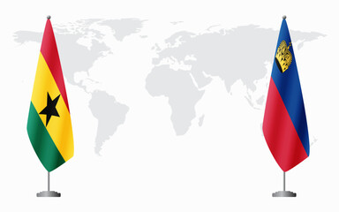 Ghana and Liechtenstein flags for official meeting against background of world map.