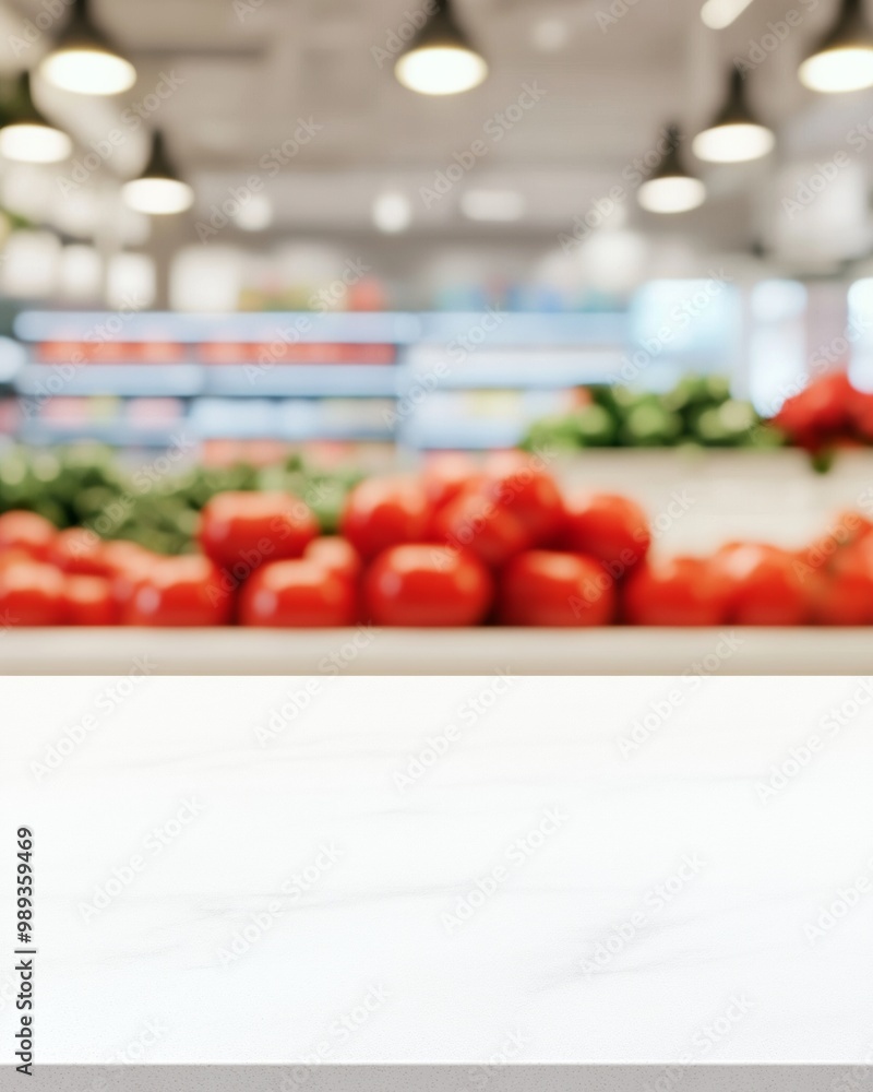 Poster minimalist white marble table against blurry background of fresh red tomatoes in brightly lit settin