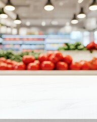 Minimalist White Marble Table Against Blurry Background of Fresh Red Tomatoes in Brightly Lit Setting