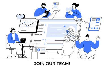 People engage in various activities like reviewing resumes, analyzing work, meditating, and interacting with devices around a computer screen displaying job applications. Ideal for recruiting