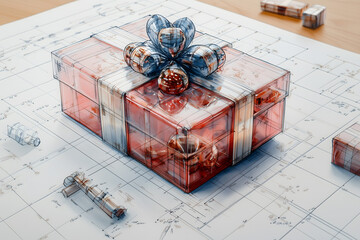 Creative diagram for gift wrapping techniques featuring a beautifully wrapped present on design blueprints across a workspace. Generative AI