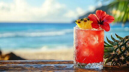 Tropical Paradise: Red Hibiscus Flower and Pineapple Cocktail on Beach Bar, Island Getaway Vibe