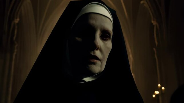 Dark shadowy Nun standing in gothic cathedral eerie lighting, Halloween religious horror haunted setting