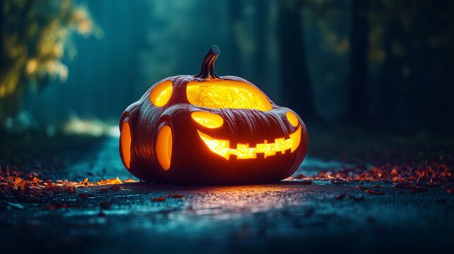 Halloween pumpkin carved in the shape of car with light inside
