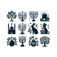 Hanukkah logo Icon Set, Hanukkah decorations silhouette vector art illustration isolated on a white background