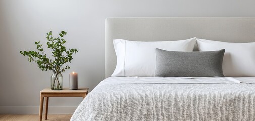 Minimalist White Bed with Gray Pillow in Serene Bedroom Interior, Soft Lighting for Home Decor Inspiration