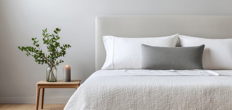 Minimalist White Bed with Gray Pillow in Serene Bedroom Interior, Soft Lighting for Home Decor Inspiration