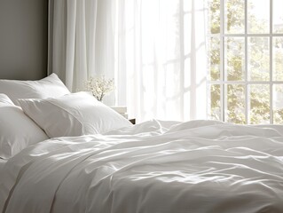 Serene White Bedding with Garden View - Elegant Bedroom Decor with Floral Accents