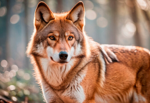 red wolf - Canis rufus - a canine native to the southeastern United States. Its size is intermediate between the coyote C. latrans and gray wolf - C. lupus - head and face view with tree and forest