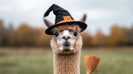 Obraz premium Alpaca in a Witch Hat Carrying a Broom