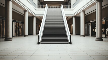 Symmetrical Elegance Metallic Escalator in Modern Shopping Mall with Bright Minimalist Design, Tranquil Ambient. Ideal for Retail Concept