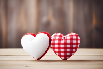 Red and White Fabric Hearts on Wooden Table