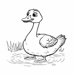 Cute Cartoon Duck Illustration in Water with Grass