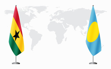Ghana and Palau flags for official meeting against background of world map.