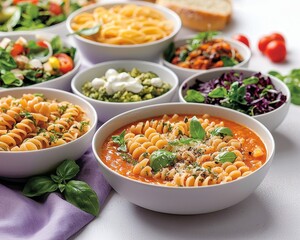 Vibrant Tomato Soup with Pasta and Basil in White Bowls Setting - Closeup Macro View of Festive Gourmet Meal, Luxurious Dining Experience