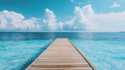 Fototapeta premium Serene Wooden Walkway to Ocean in Maldives with Tranquil Blue Waters and Sky - Vibrant Photography of Relaxing Atmosphere