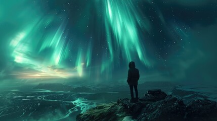 Obraz premium A lone figure stands in awe of the vibrant green aurora borealis, a breathtaking display of nature's light show.