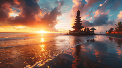Fototapeta premium Balinese temple on the ocean shore with beautiful sunset sky and water reflection
