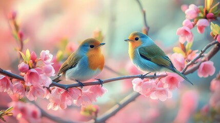 romantic couple lover birds in lush flower blossom nature landscape, tranquil forest