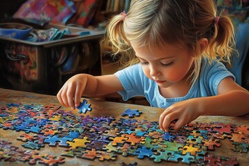 Illustration of a little girl, doing a puzzle in the playroom.