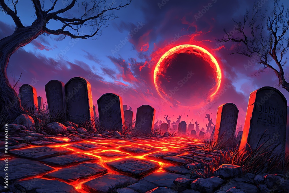Poster a graveyard scene where tombstones glow with a faint red light, and dark spirits rise from the groun