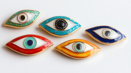 Vibrant Evil Eye Ceramic Pins Set on White Background