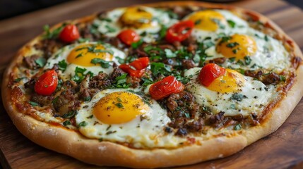 top view egg pizza with munch meat