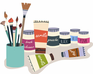 Paint brushes kit for drawing. Acrylic paints, oil, brush cleaner liquids in bottles. Flat vector illustration isolated on white background.