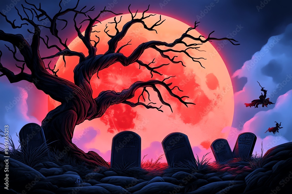 Poster a graveyard scene where tombstones glow with a faint red light, and dark spirits rise from the groun