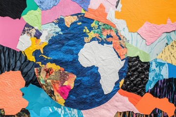 Naklejka premium A collage of various colorful paper cutouts forming the shape and outline of the planet Earth, with visible textures and patterns on each piece of paper Generative AI