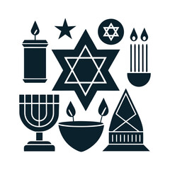 Hanukkah logo Icon Set, Hanukkah decorations silhouette vector art illustration isolated on a white background