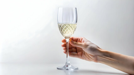Obraz premium A hand holding a crystal-clear wine glass on a white background