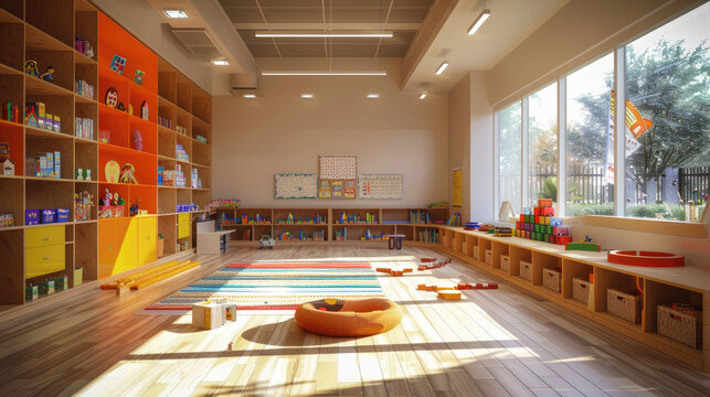 A bright and colorful classroom designed for young children, featuring a vibrant walls, comfortable bean bags, and shelves filled with toys and books. This space fosters creativity and learning.
