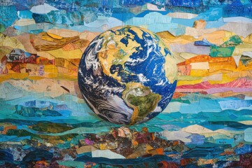 A collage of various textures and patterns forming the shape of the Earth, with colorful drawings representing different landscapes and oceans Generative AI