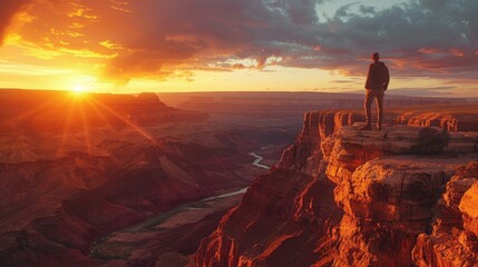 Fototapeta premium A lone figure stands on a cliff edge, silhouetted against a stunning sunset over a vast canyon.
